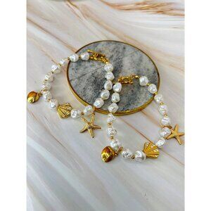 Ariel Gold-Tone Pearl Ocean Charm Bracelet ft  Seashell & Starfish Design